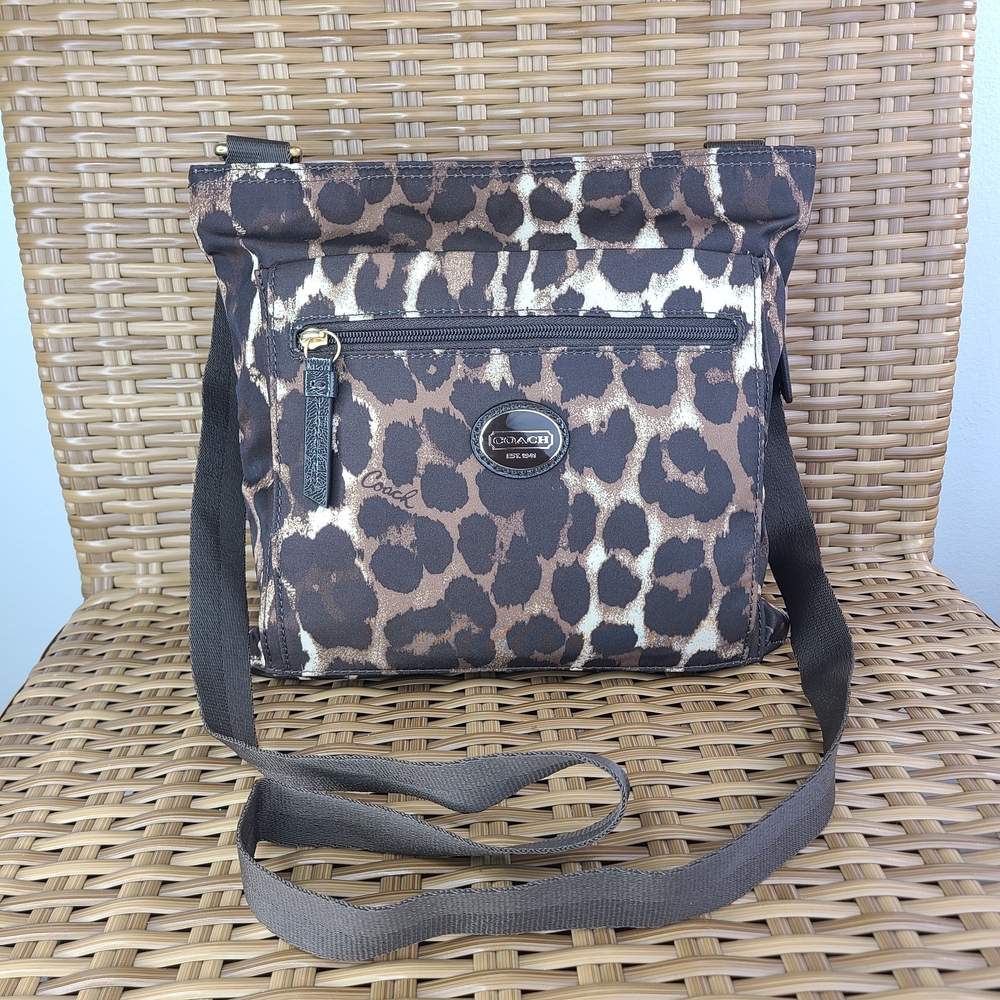 Coach Nylon Shoulder Crossbody Bag Leopard Print Design Brown Cream Coach Charm
